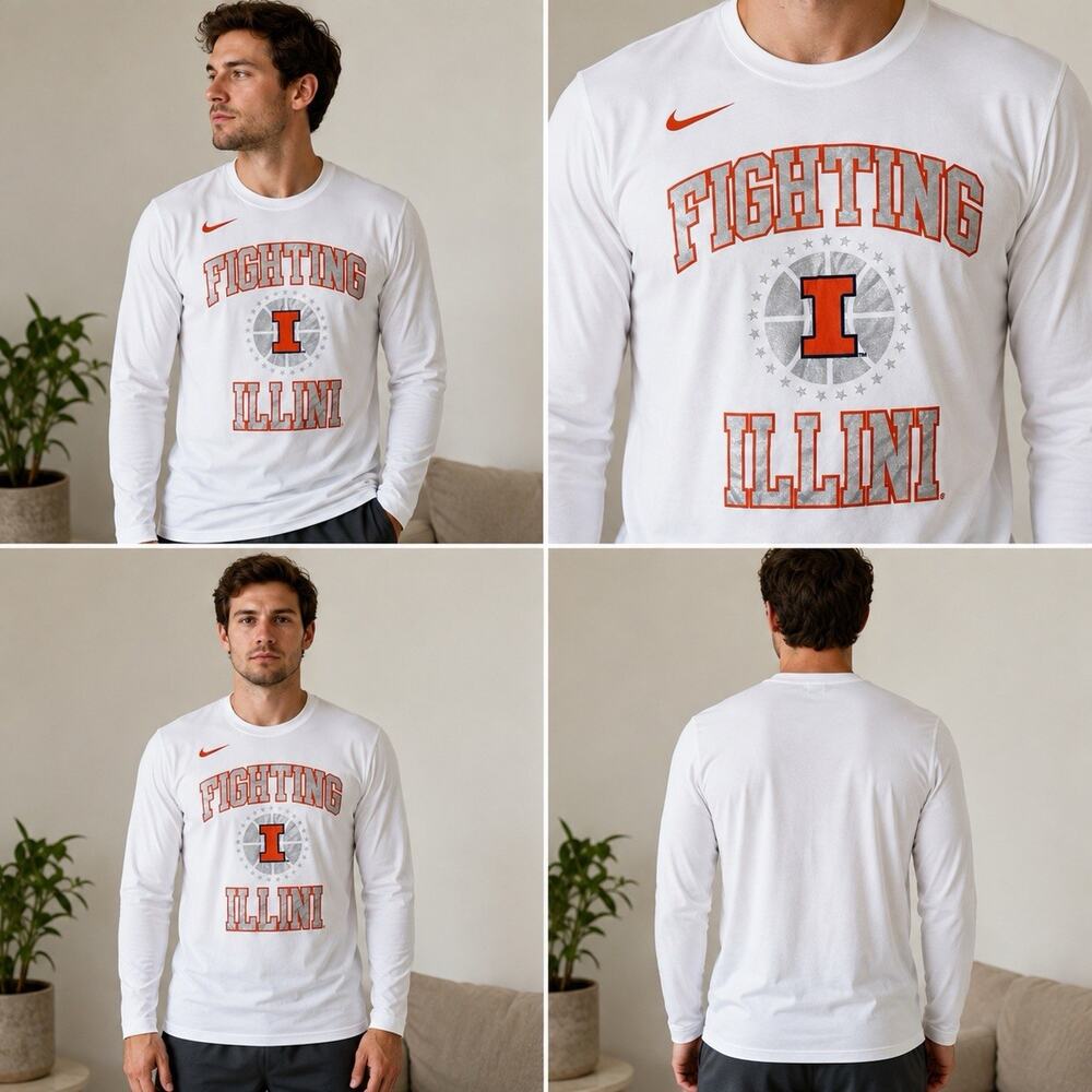 Nike Illinois Fighting Illini Mens L Dri Fit Long Sleeve Shirt White NCAA